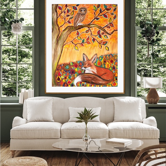 Fox Owl Autumn Ambience Art Print Oil Painting fall leaves tree animal whimsical - Picture 8 of 10